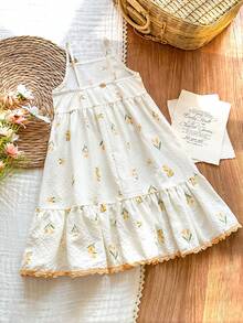 Vintaside Kids Gaun Anak Perempuan Gaya Pedesaan Motif Bunga Kecil, Elegan, Imut, Motif Bunga Kuning, Cocok untuk Musim Semi/Panas - Kuning - View 3