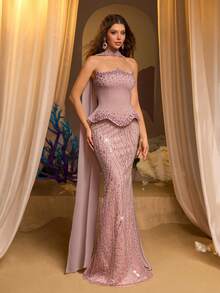 Glamrae 优雅奢华手工无肩带不对称3D腰部美人鱼雪纺长裙，适合婚礼、活动、派对、度假、晚宴、正式场合。 - 藕粉色 - 查看 7