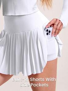 CourtClass Women's Minimalist Solid Color Zip-Up Jacket And Pleated Skirt Tennis Outfit, 2pcs Set - White - View 3