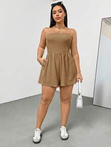 SHEIN Essnce 大码女式夏季休闲度假及日常通勤简约纯色纹理面料宽松无袖连体裤，带侧袋 - 卡其色 - 查看 5