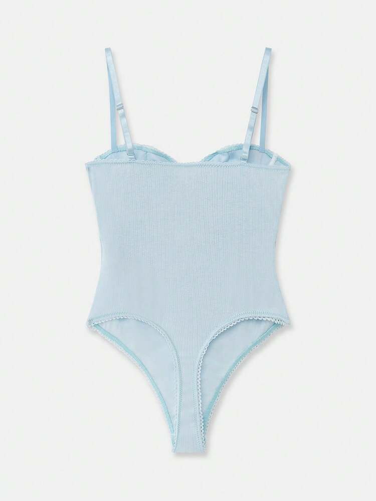Pastel Blue Pointelle Bodysuit With Cut-Out Front And Pink Bow Detail Spring Summer Light Blue Bodysuit French Style Parisian Style