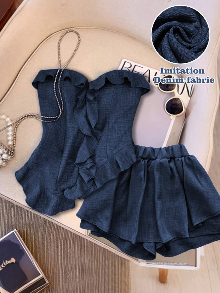 GlowEve 女士不对称荷叶边下摆优雅上衣和裤子两件套 - 藏蓝色 - 查看 1