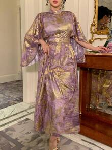 DAZY Robe cape contrastée violet brillant et or, élégante pour la Saint-Valentin, le mariage, les fêtes, les banquets et les événements de mode. Caractéristiques : manches chauve-souris, ourlet à volants, imprimé floral, robe longue d'été - Doré - Voir 7