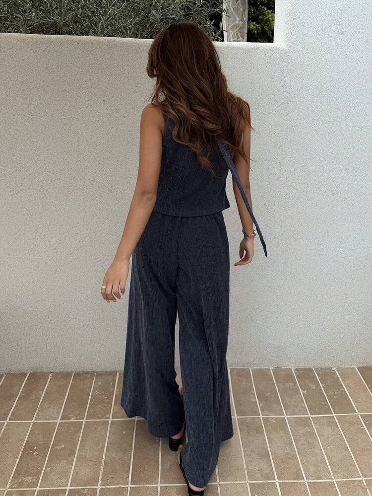 Women's Lace Vest & Wide Leg Pants 2 Pieces Set, Casual Fashion Summer New Arrival