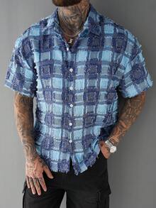 SLATEMANN Camisa de manga corta con caída de hombros y estampado de cuadros jacquard de moda para hombres - Azul - Ver 4