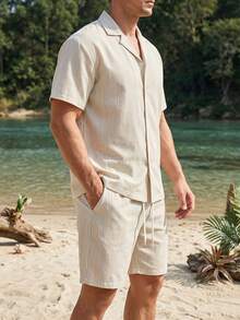 Manfinity VDAYZ Men's Solid Color Flat Collar Single-Breasted Front Short Sleeve Top And Drawstring Waist Shorts Casual Holiday Beach Suit - Beige - View 6
