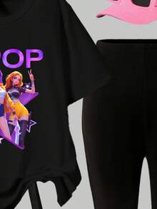 Sparklyn 少女韩流印花圆领短袖休闲舒适黑色T恤和黑色喇叭裤套装，适合冬季、日常穿着、外出活动。 - 黑色 - 查看 3