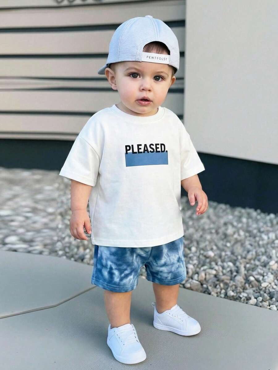 SHEIN Young Boy White Summer Casual Minimalist Fashion,Tie-Dye Vacation Style Beachside Sporty Loose Comfortable Round Neck Short Sleeve T-Shirt Set - Multicolor - View 1