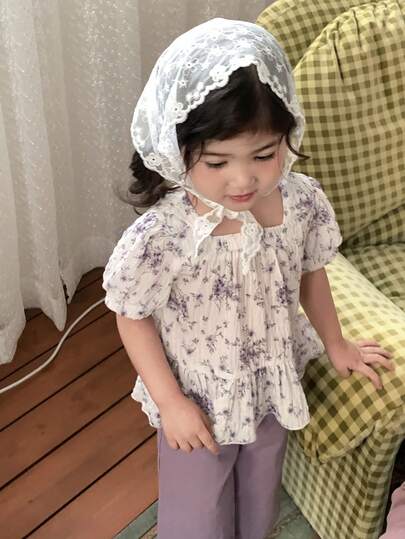 DAZY Conjunto de 2 piezas de blusa de manga corta con estampado floral y pantalones holgados, estilo coreano para niñas pequeñas