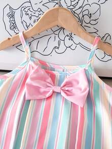 SHEIN Playful Pals Girls Colorful Striped Camisole Top With Pleated Design, Pink Bow Decor Shorts Set, Cute & Sweet For Daily Wear, Summer Summer Two Piece Set For Girls - Multicolor - View 6