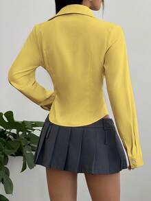 Camisa de cintura de unicolor versátil y casual para mujer - amarillo ganso - Ver 2