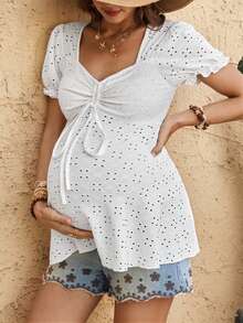 Boho Mama Summer Maternity White Textured A-Line/X-Shaped Cute And Sweet Top - White - View 6