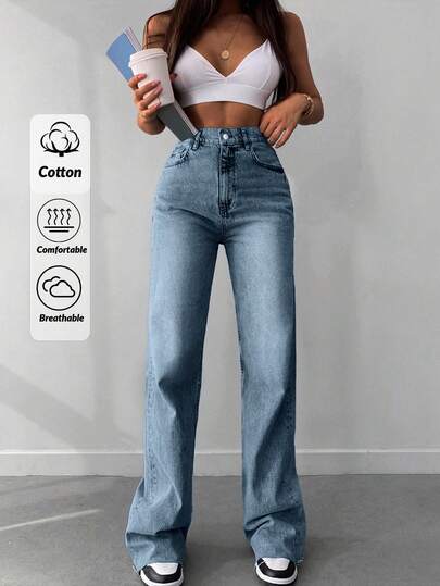 SHEIN Tall High Waist Raw Hem Wideleg Jean