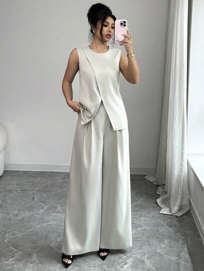 Rafferiza Women's Spring/Summer French Elegant Minimalist Sleeveless Round Neck Slit Hem Blouse And High Waist Pleated Pants Casual 2-Piece Set