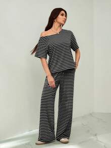 SHEIN Tall Bộ đồ thể thao nữ mùa thu, phong cách đường phố cơ bản, thoải mái hàng ngày, thích hợp đi chơi, tập luyện, gồm áo thun trễ vai kẻ sọc và quần nỉ ống rộng. - màu đen - Xem 10