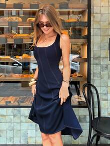 女士休闲无袖中长连衣裙 - 藍色 - 查看 7