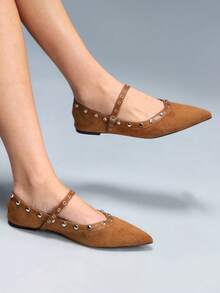 CUCCOO GRLICON Women's Rivet Decor Buckle Pointed Toe Flat Shoes - Brown - View 6
