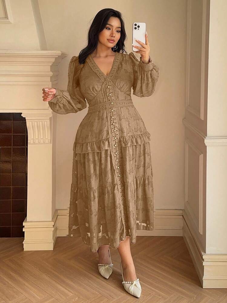 Dazy Plus V-Neck Elastic Fitted Elegant Lace Red Party/Date Dress, Plus Size Women Spring/Autumn