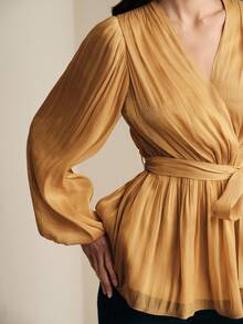 Anewsta 优雅雪纺亮面系腰灯笼袖女式衬衫 - 黃色 - 查看 1