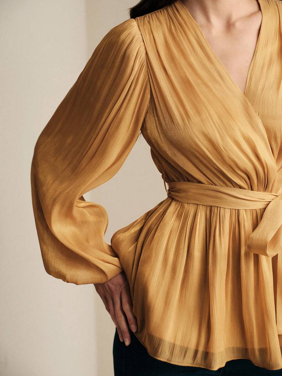 Anewsta 优雅雪纺亮面系腰灯笼袖女式衬衫 - 黃色 - 查看 1