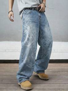 Manfinity Denimwave Jeans casuales de corte recto y suelto con lavado claro, estampado gráfico de ángel láser, estilo callejero, /verano - Azul - Ver 3