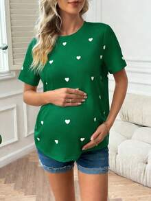 SHEIN 孕妇爱心印花休闲圆领短袖T恤，夏季 - 綠色 - 查看 4