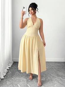 Elenzga Đầm dệt kim thanh lịch cỡ lớn dành cho nữ dự tiệc cocktail cưới - Màu vàng - Xem 6