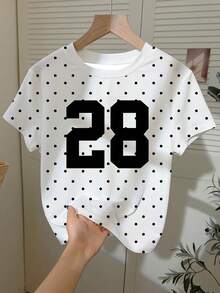 Resyla Women's Round Neck T-Shirt With Number 28 And Polka Dot Print - White - View 1