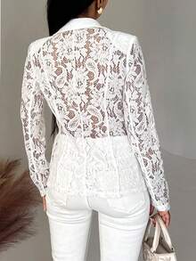 BamGleam Women's Lace Sheer Lightweight Vacation Style Blazer, Summer - White - View 2