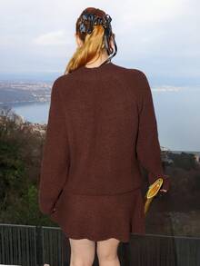 Gretanique Women Loose Casual Round Neck Textured Top And Pleated Skirt 2 Pieces Set - Coffee Brown - View 2