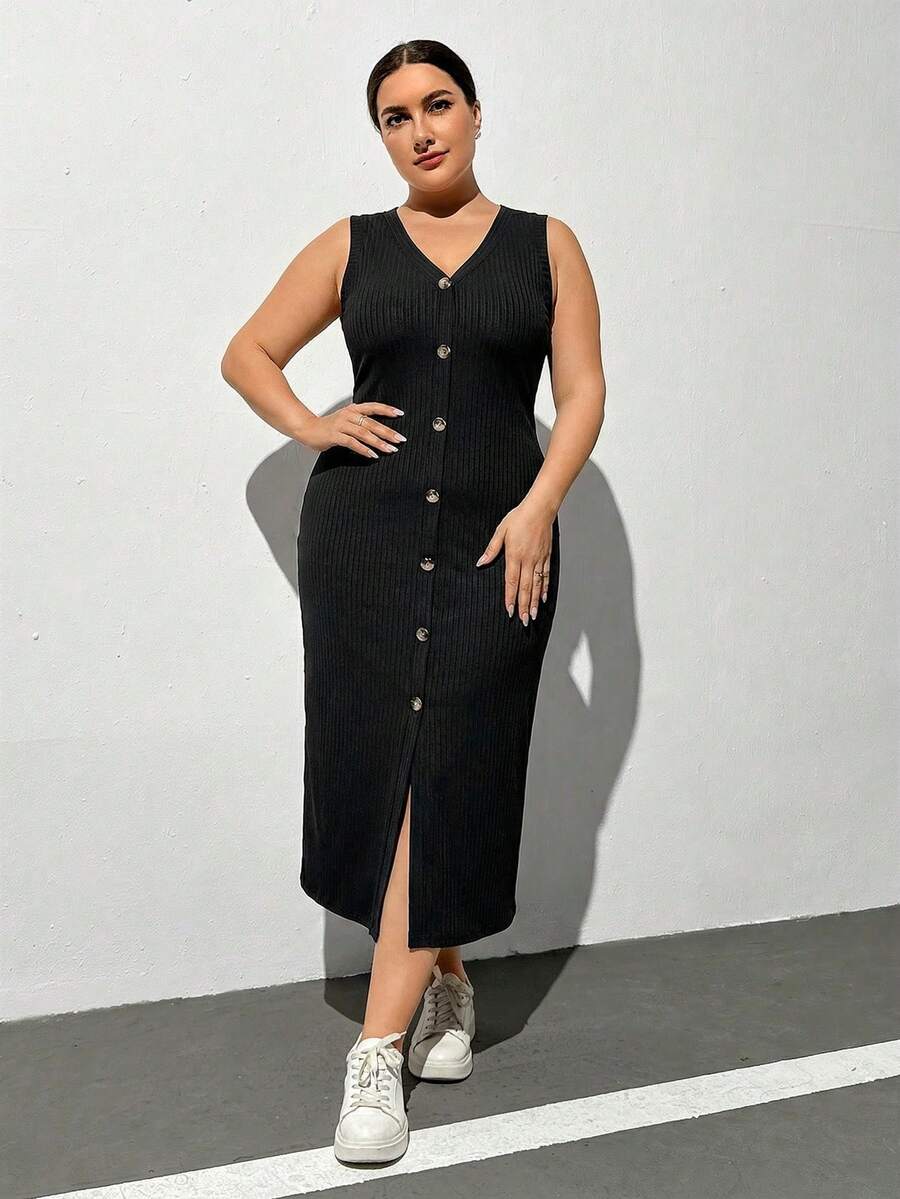 SHEIN Essnce Plus-Size Women's Black Summer Casual Everyday V-Neck Button-Decorated Slim Midi Dress,Sleeveless Stretchy Bodycon Curve Outfits,Simple Style European - Black - View 1