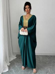 Elenzga Middle Eastern Style Loose Fit Linen Dress With Gold Collar - Dark Green - View 5