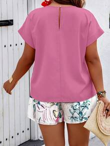 SHEIN LUNE Women Plus Size Round Neck Short Sleeve Top And Drawstring Waist Shorts Casual 2 Piece Set - Multicolor - View 2