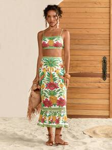 CAJUNI Conjunto de top corto y falda con estampado de piña para vacaciones, conjunto de falda y parte superior de verano para mujer - Multicolor - Ver 7