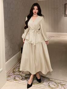 DAZY Spring/Summer Women's Elegant Solid Color V-Neck Belted Shirt And A-Line Skirt Two Pieces Set - Beige - View 5