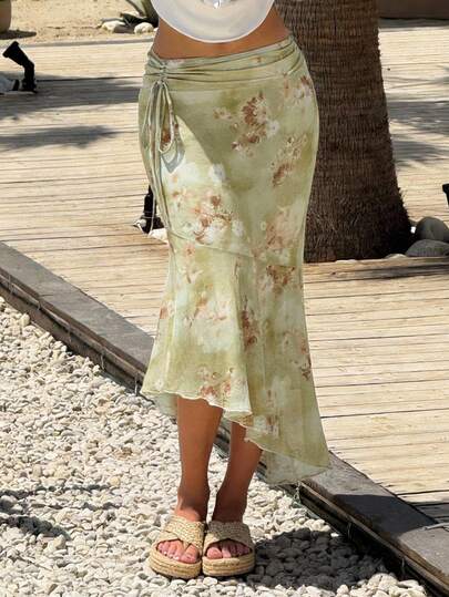 SHEIN MOD Vintage Green Blurred Floral Print Drawstring Irregular Hem Skirt – 70s Style, Western Wear, Vintage Court, Garden Tea Party, Date, Party, Women's Summer And Spring Wear, Spring Break, Vacation, Picnic, Festival, Birthday Outfit.Light Green Floral Skirt Asymmetric Hem Soft Drape Watercolor Print Ruched Waist Side Drawstring Detail Flowing Silhouette Sheer Overlay Delicate Blossom Pattern Romantic Style Gentle Flare Smooth Texture Feminine Curves Pastel Tones Lightweight Fabric Dreamy Appearance Vintage-Inspired Elegant Touch Graceful Lines,Summer Holiday Outfits, Vacation Outfits , Carnival Costume , Valentines Day Outfit  , Valentine Outfits For Women , Summer Outfits , Spring Break Outfits