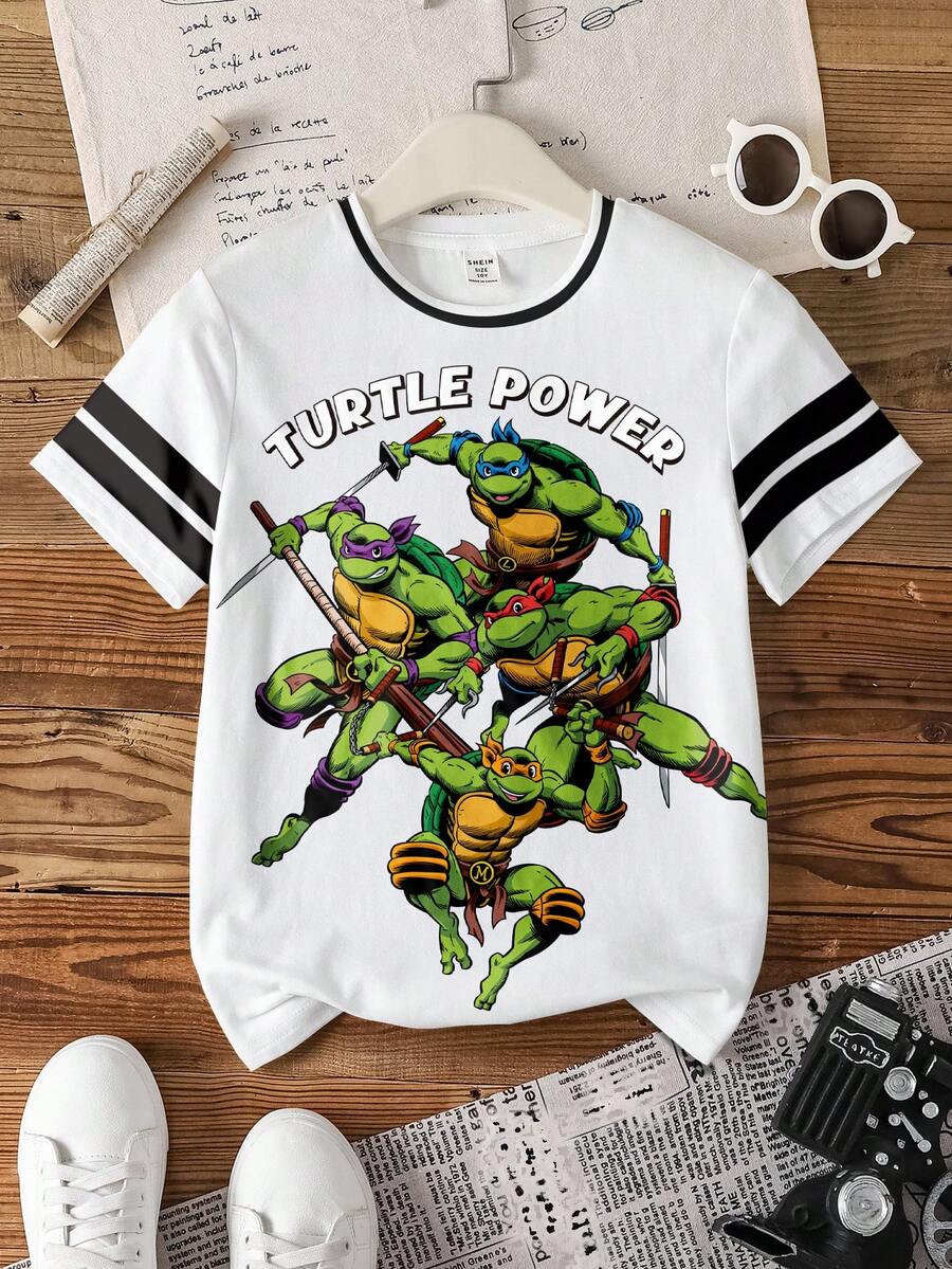TEENAGE MUTANT NINJA TURTLES | SHEIN 男童简约印花圆领短袖T恤 - 白色 - 查看 1
