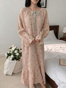 DAZY 波浪纹可爱小狗印花长袖宽松休闲连衣裙（女款） - 粉色 - 查看 5