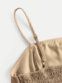 Teen Girls Khaki Solid Woven Twill Camisole Top And Asymmetric Hem Skirt 2 Pieces Co-Ord Set, Elegant For Commuting, Gatherings, Holidays, Birthdays (Belt Not Included) Simple Teen Brown Dress Two Piece Set Skirt Khaki Skirt Plain Tan Dress Girls Beige 2 Pieces - Camel - View 6