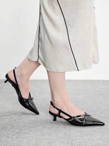 CUCCOO BIZCHIC 女士尖头漆皮黑色交叉绑带舒适高跟鞋，适合工作和休闲场合穿着 - 黑色 - 查看 5