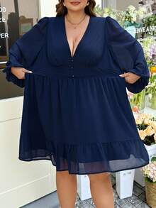 SHEIN CURVE+ Vestido con mangas de farol y volantes en el bajo para tallas grandes/Día de San Valentín - Azul - Ver 2