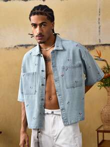 ROMWE MEN Grunge Punk Men's Embroidered Casual Short Sleeve Denim Shirt - Blue - View 10