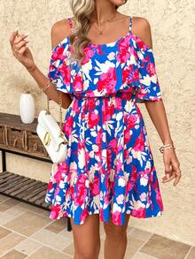 SHEIN Clasi 女士荷叶边露肩浪漫印花连衣裙 - 中紫紅色 - 查看 8