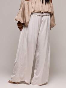 MUSERA Plus Size Hammered Satin Panel Waist Drape Wide Leg Trousers Spring Summer Elegant Vacation Holiday Evening Spring Soul Ties - Khaki - View 4