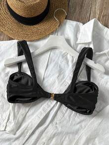 Swim Chiccia 纯色金属点缀优雅性感女士连体泳衣上装 - 黑色 - 查看 2