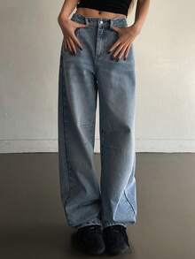 Livesso Jeans de pierna ancha con botones y bolsillos, de uso casual y versátil para uso diario de mujeres - Azul - Ver 4