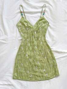 Soleia New Textured Beaded V-Neck Mini Dress,Green Floral,Summer,Tropical,Vacation,Holiday,Bohemian Boho Floral For Party Date Beach Cruise Street - Green - View 4
