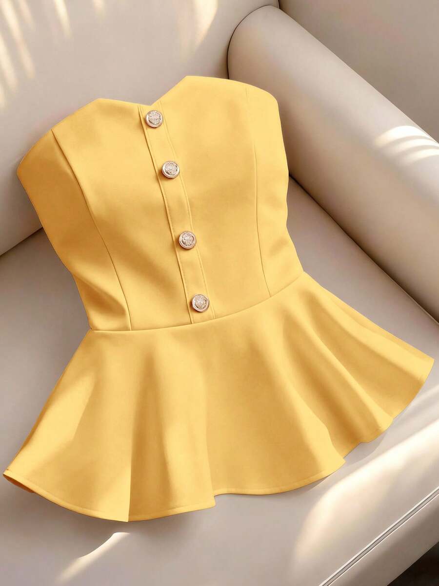 SHEIN LUNE 女士优雅衬衫度假装扮黑色上衣外出派对上衣嘉年华服装情人节服装夏季上衣抹胸上衣露肩上衣性感上衣 - 黃色 - 查看 1