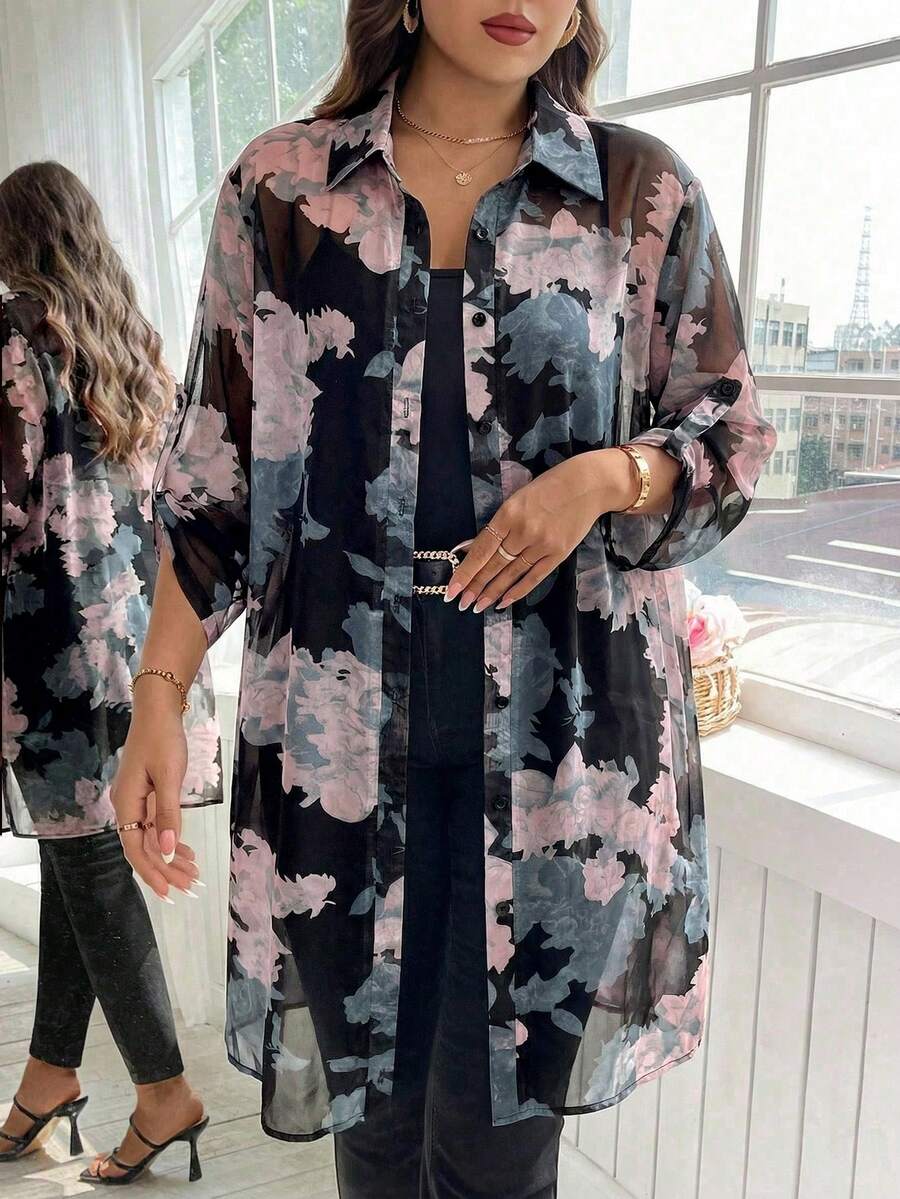 Reflora Plus Size Floral Print Front Button Roll-Up Sleeve Casual Shirt - Brown - View 1