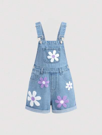 Girlism Tween Girl Y2K Spring Summer Light Stone-Washed High Waist Floral Embroidered Pattern Blue Denim Loose Jumpsuit Overalls, Bermuda Summer Short, Kids Summer Baggy Denim Long Short Jean Shorts, Suitable For Spring And Summer, Season Vintage//Beach/Sea/Concert Elegant Graduation, Valentine's Day, Summer Holidays, Beach Vacation Holidays